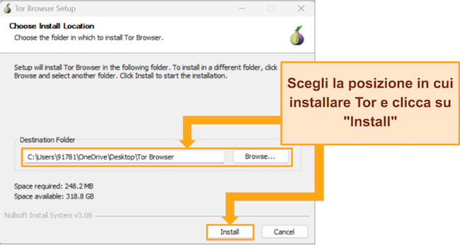 Screenshot della scelta del percorso di installazione di Tor su PC Windows