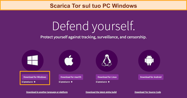 Screenshot del sito Web ufficiale di Tor Projecy che mostra l'opzione di download selezionata per Windows