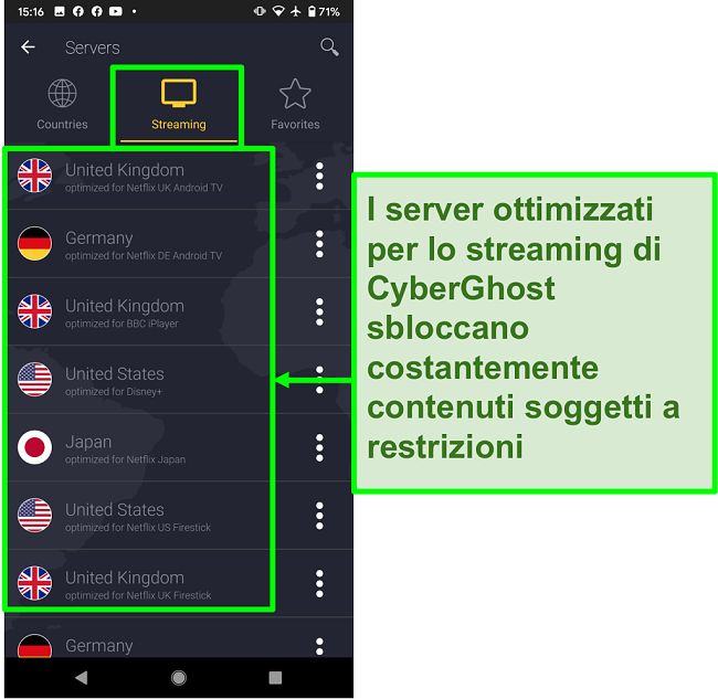 Screenshot dei server ottimizzati per lo streaming di CyberGhost