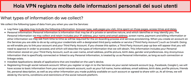 Screenshot della politica sulla privacy di Hola VPN che mostra che registra l'indirizzo IP