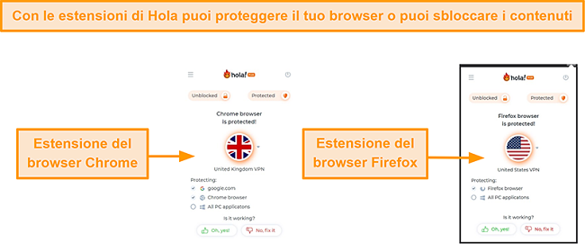 Screenshot delle estensioni del browser Chrome e Firefox di Hola VPN