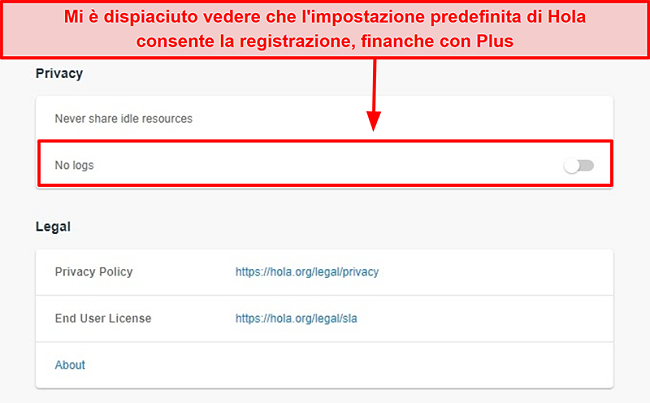 Screenshot dell'impostazione senza log di Hola VPN