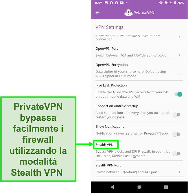 Screenshot dell'app PrivateVPN per Android che mostra la funzionalità Stealth VPN che aiuta a bypassare i blocchi VPN