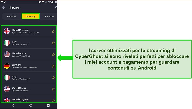 Screenshot del menu del server di streaming di CyberGhost su Android