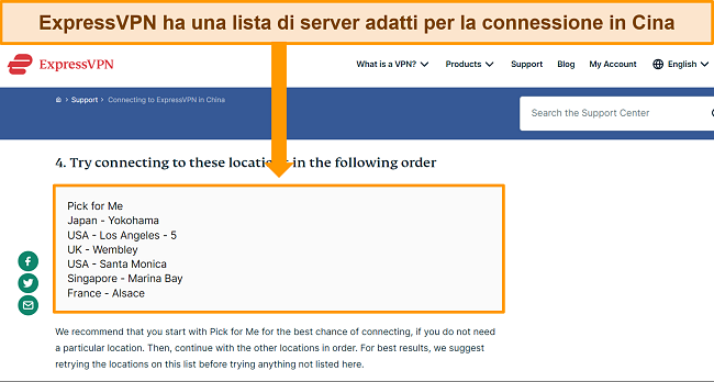 Screenshot del sito web di aiuto di ExpressVPN che mostra un elenco dei server consigliati per stabilire una connessione in Cina