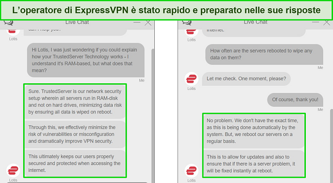 Schermate della live chat di ExpressVPN, che mostrano risposte dettagliate a domande di natura tecnica sulla tecnologia TrustedServer