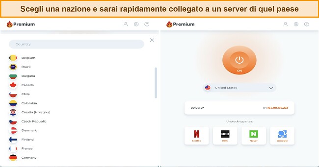Screenshot dell'interfaccia del server delle app di Windows e della schermata di connessione per Hola