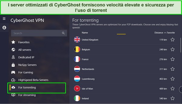 Screenshot dell'app Windows di CyberGhost con l'elenco dei server torrent evidenziato.