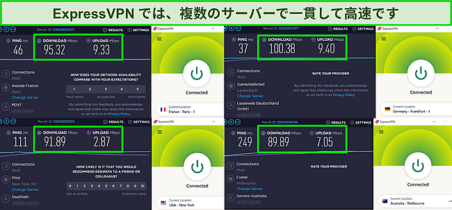 複数のサーバーに接続されたExpressVPNのスクリーンショットと、それらのサーバーで実行された速度テストの結果。
