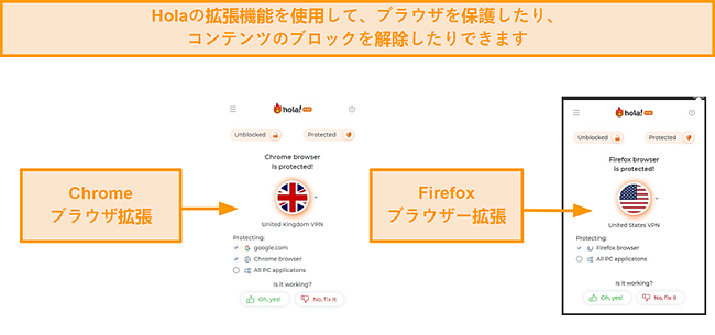 HolaVPNのChromeおよびFirefoxブラウザ拡張機能のスクリーンショット