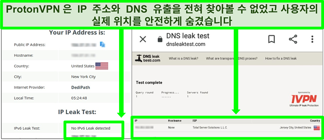 Proton VPN에 연결되어있는 동안 IP 주소 유출이 없음을 보여주는 DNS 및 IP 주소 유출 테스트 스크린 샷