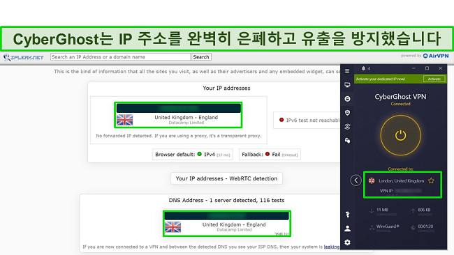 영국의 최적화된 P2P 서버에 연결된 CyberGhost에서 데이터 유출이 없음을 보여주는 IP 유출 테스트 스크린샷.