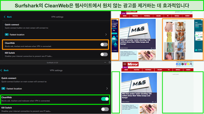 모든 광고를 차단하는 Surfshark의 CleanWeb 기능이 포함된 Daily Mail 웹사이트의 스크린샷