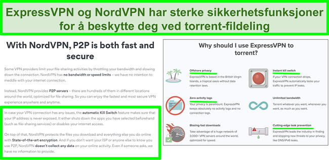 Skjermbilde av NordVPN og ExpressVPN nettsteder som viser at de støtter torrenting