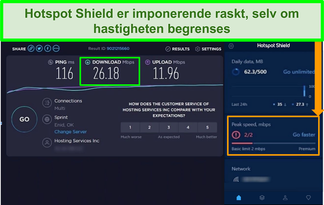 Skjermbilde av hastighetstestresultater mens du er koblet til Hotspot Shield-grensesnitt