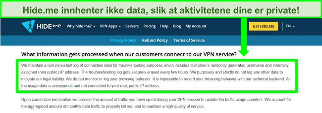 Skjermbilde av Hide.me personvernregler som ikke viser noen datalogger