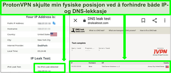 Skjermbilde av en DNS- og IP-adresselekkasjetest som ikke viser IP-adresselekkasjer mens den er koblet til Proton VPN