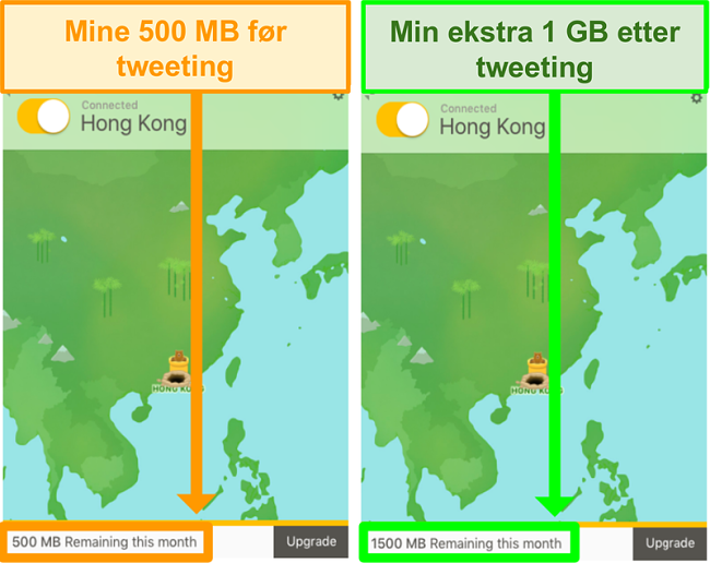 Skjermbilde av TunnelBear som gir 1 GB ekstra data for twitring