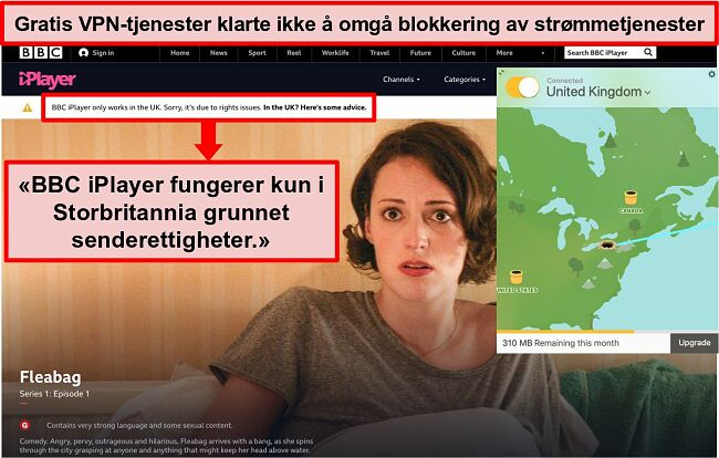 Skjermbilde av TunnelBear koblet til en britisk server og ikke har tilgang til BBC iPlayer