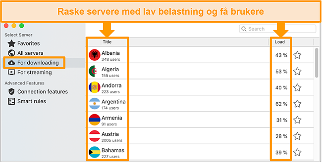 Skjermbilde av kategorien Last ned i CyberGhost-appen for Mac