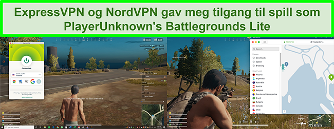 Sammenligning skjermbilder av en bruker som spiller PlayUnknown's Battlegrounds Lite mens den er koblet til henholdsvis ExpressVPN og NordVPN