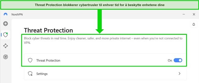 Skjermbilde av NordVPNs Windows-app som viser Threat Protection-funksjonen er alltid på.