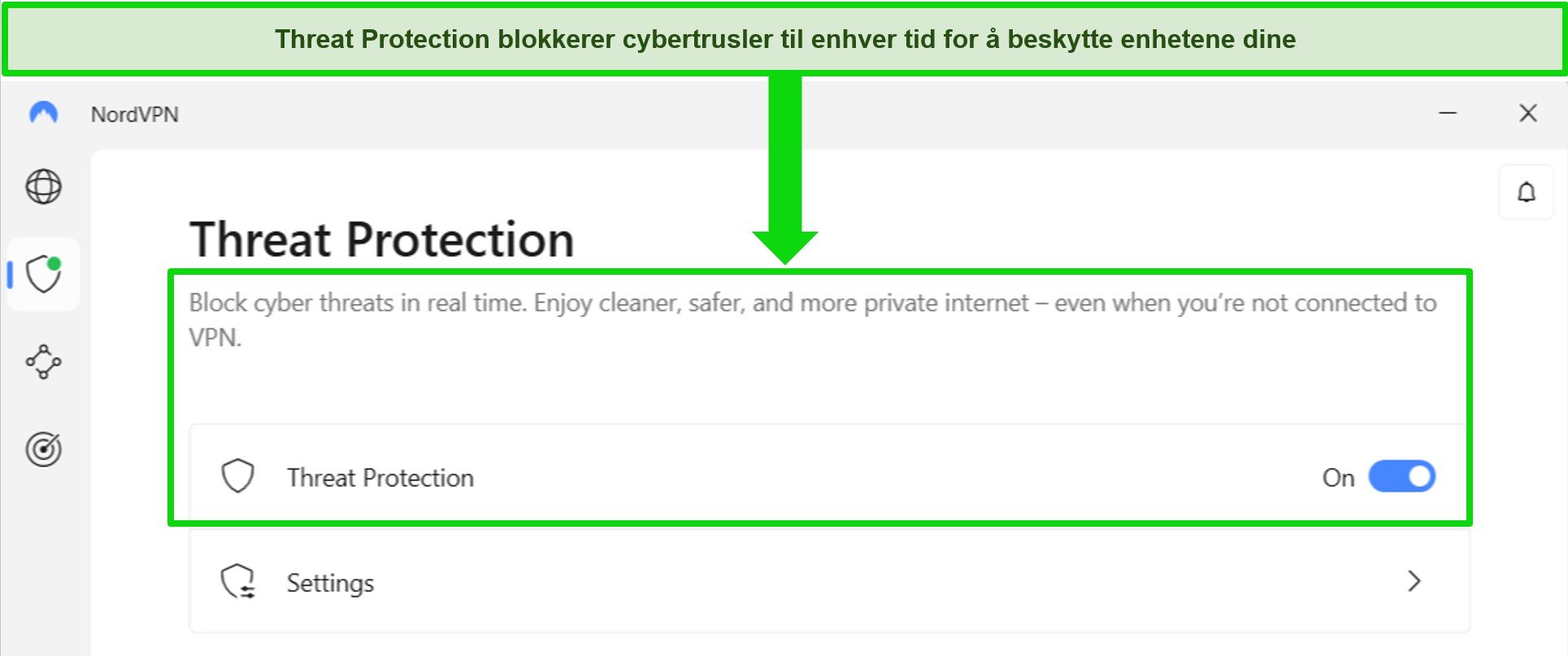 Skjermbilde av NordVPNs Windows-app som viser Threat Protection-funksjonen er alltid på.