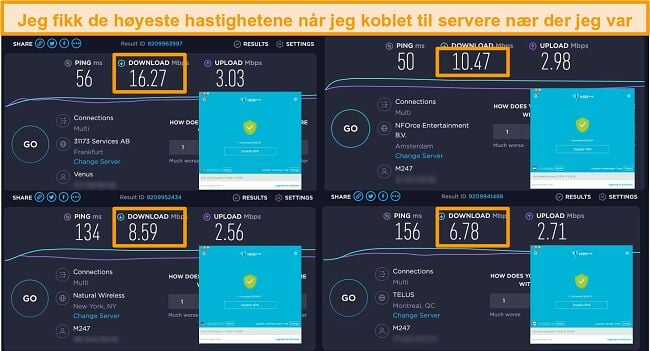 Skjermbilde av Hide.me VPN koblet til servere i Tyskland, Nederland, USA og Canada og hastighetstestresultater