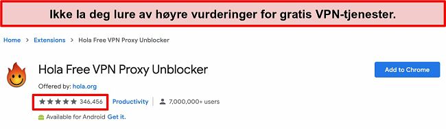 Skjermbilde av Hola Free VPN Proxy Unblocker i Google Chrome extensions store