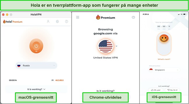 Skjermbilde av Hola VPN-grensesnitt på kompatible enheter