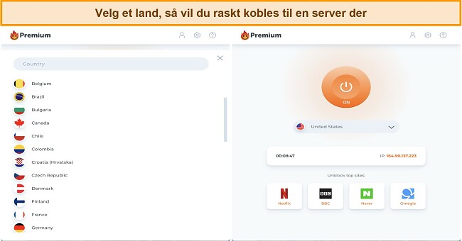 Skjermbilde av Windows-appservergrensesnittet og tilkoblingsskjermen for Hola