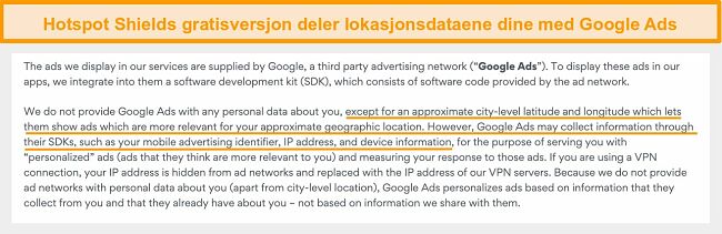 Skjermbilde av Hotspot Shields personvernregler på Google Ads