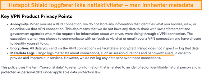 Skjermbilde av personvernregler for Hotspot Shields