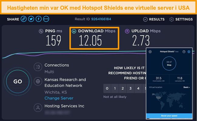 Skjermbilde av Hotspot Shields gratisversjon på Mac koblet til en amerikansk server med hastighetstestresultater