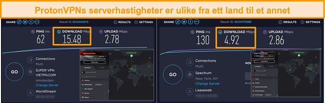 Skjermbilde av Proton VPN koblet til Nederland og USA med hastighetstestresultater