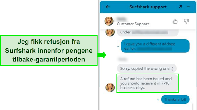 Skjermbilde av Surfshark live chat og en refusjonsforespørsel