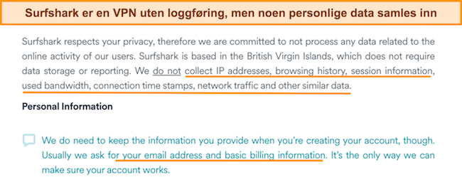 Skjermbilde av Surfsharks personvernpolicy