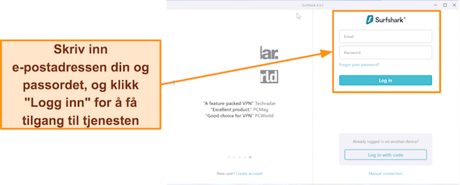 Skjermbilde av Surfshark-påloggingssiden