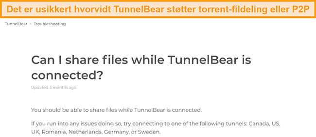 Skjermbilde av TunnelBears feilsøkingsside om fildeling