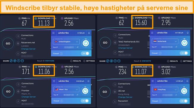 Skjermbilde av hastighetstestresultatene for Windscribe VPN og serverne i Storbritannia, Nederland, USA og Hong Kong