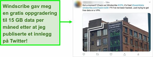 Skjermbilde av Twitter-innlegg som promoterer Windscribe VPN til gjengjeld for 15 GB gratis data hver måned