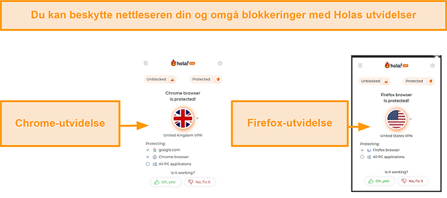 Skjermbilde av Hola VPNs Chrome- og Firefox-nettleserutvidelser