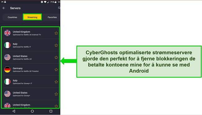 Skjermbilde av CyberGhosts strømmeservermeny på Android
