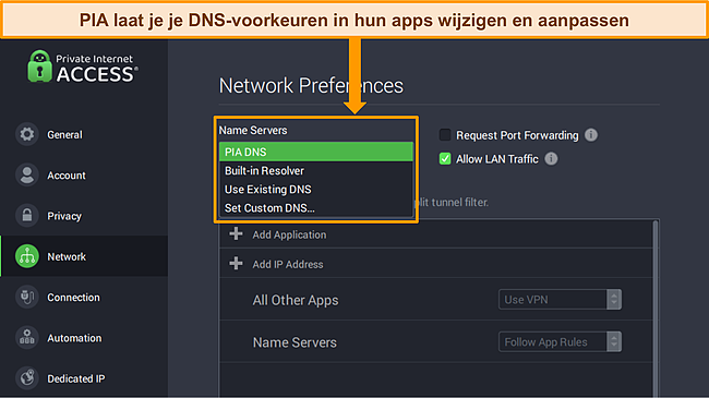 Screenshot van de Windows-app van PIA met het menu Netwerkvoorkeuren geopend en DNS-serveropties gemarkeerd.