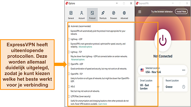 Screenshot van de Windows-app van ExpressVPN met de lijst met protocollen gemarkeerd.