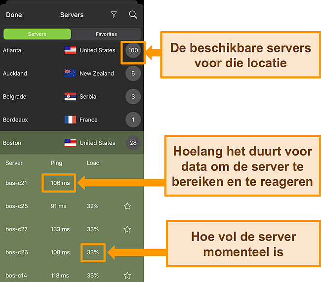 Screenshot van IPVanish iOS-app met serverinformatie gemarkeerd.