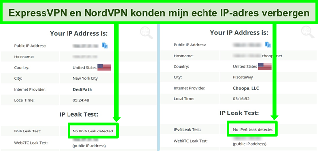 Schermafbeelding die geen IPv6-lek laat zien voor zowel NordVPN als ExpressVPN