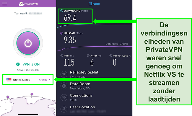 Screenshot van PrivateVPN verbonden met een Amerikaanse server, plus het resultaat van een Ookla-snelheidstest.