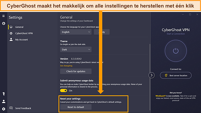 Screenshot van de Windows-app van CyberGhost met zijn.