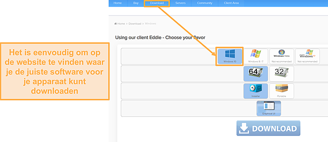 Screenshot van de downloadpagina voor het compatibele installatiebestand van AirVPN.